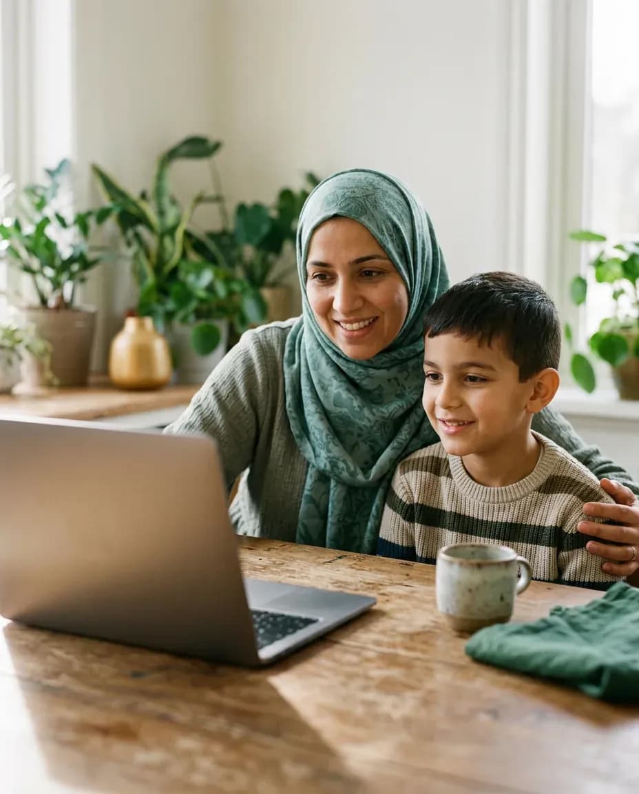 A smiling mother in a teal hijab and her young son at the kitchen table at home, joining an online Quran class on a laptop in the morning light